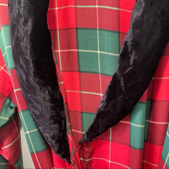 90s Vintage Silk & Velvet Belted Robe La Senza Green and Black Plaid - Picture 5 of 12